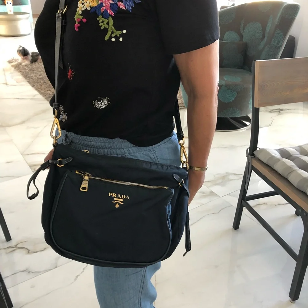 Prada Navy Blue Nylon Hobo with Gold Hardware